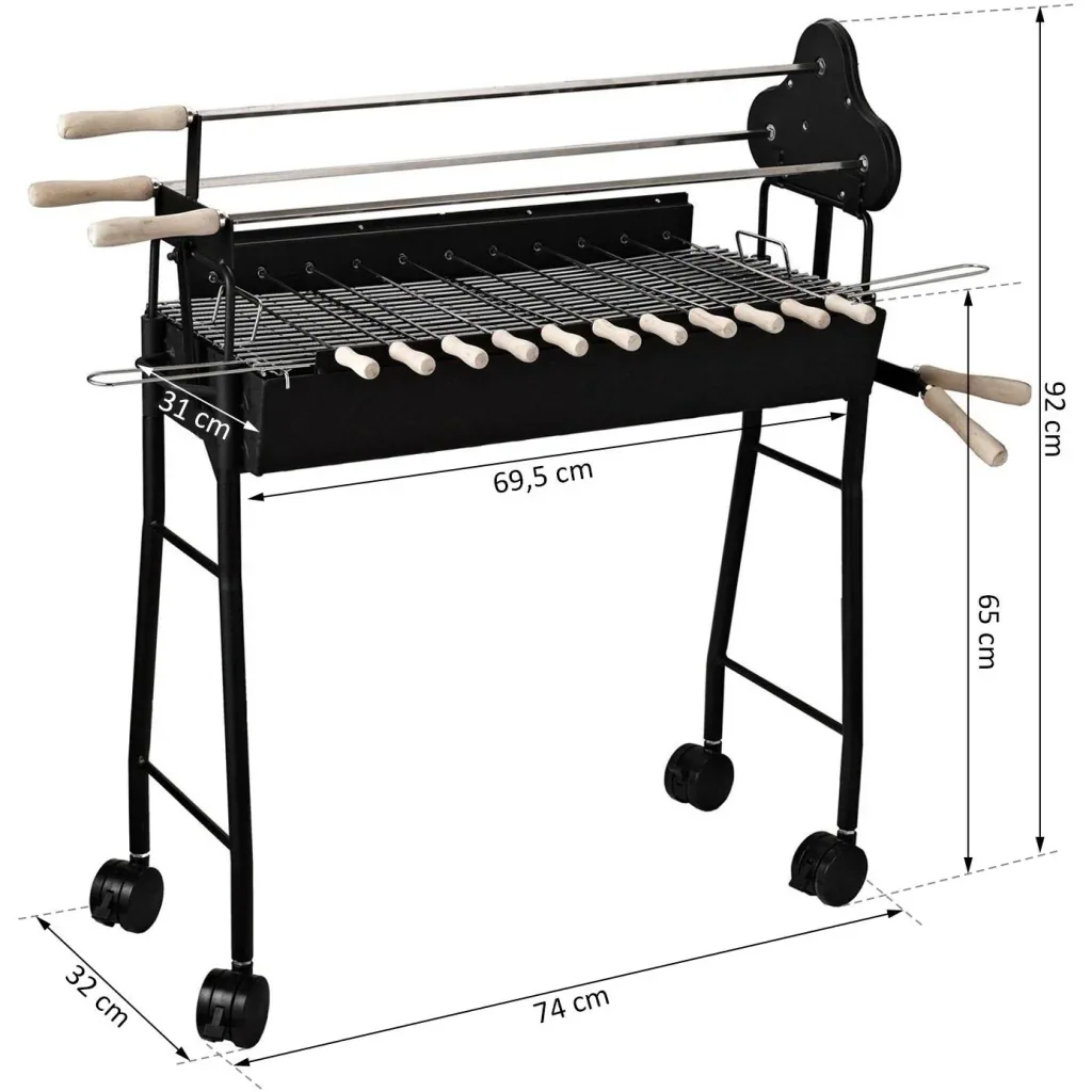 Holzkohle Grillwagen Standgrill BBQ Grill Zypern mit Drehspieß höhenverstellbar Grillrost Edelstahl Schwarz 85 x 36 x 90