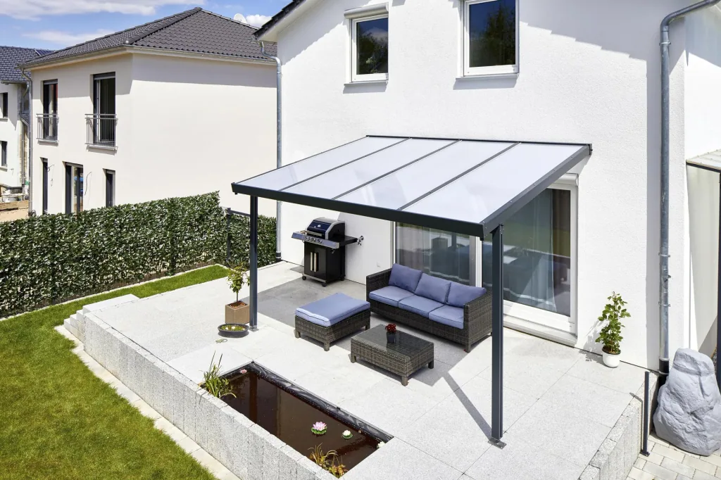 Terrassendach Premium, anthrazit, 4102 x 3060 mm - Polycarbonat Stegplatten 16 mm, opal
