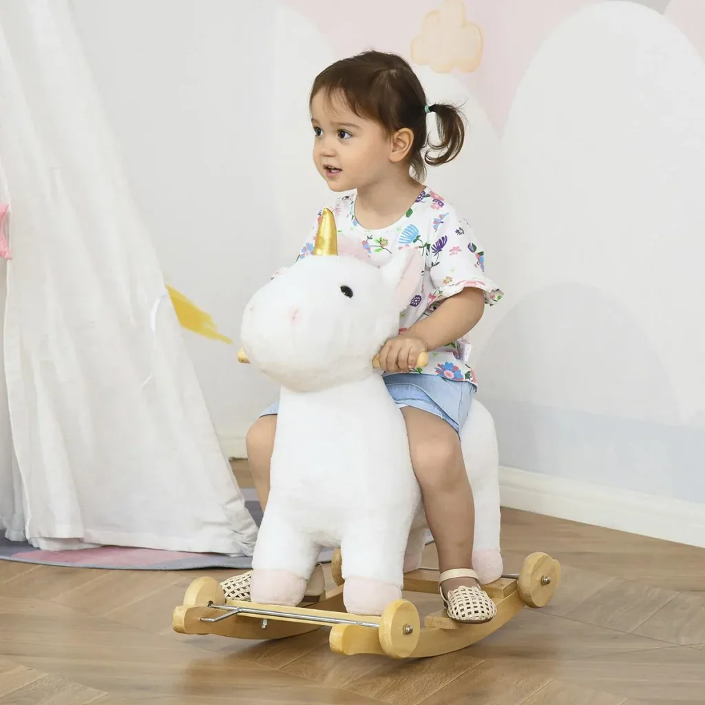 2-IN-1 Schaukelpferd mit Räder Einhorn-Design Plüsch Schaukeltier Babyschaukel Spielzeug für 36-72 Monaten Kinder Weiß 6
