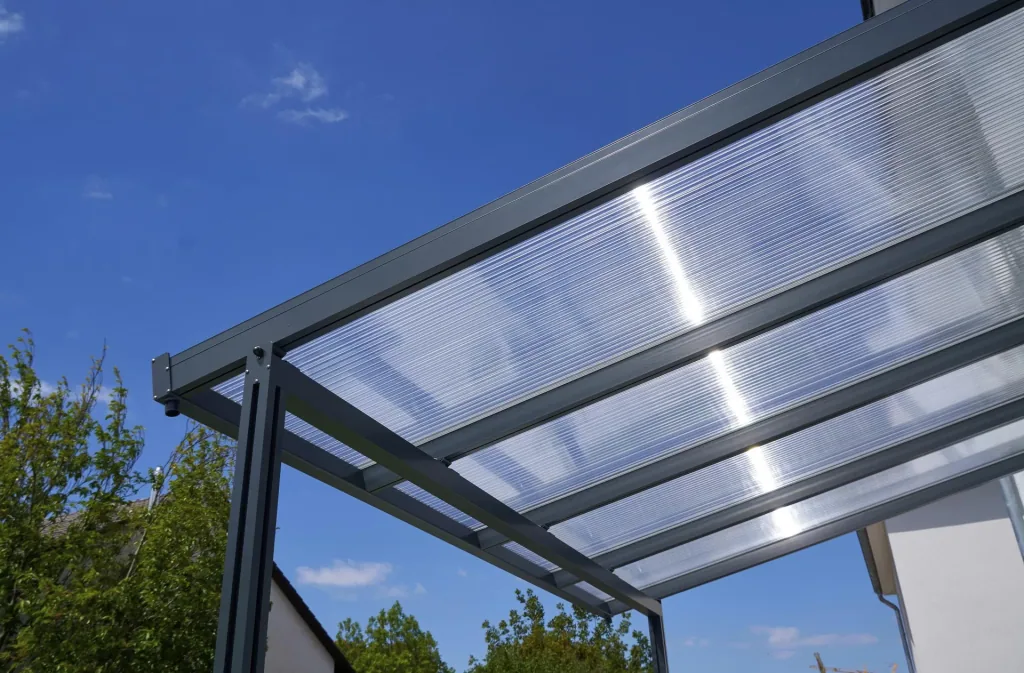 Terrassendach Premium, anthrazit, 4102 x 4060 mm - Acryl Stegplatten 16mm, klar