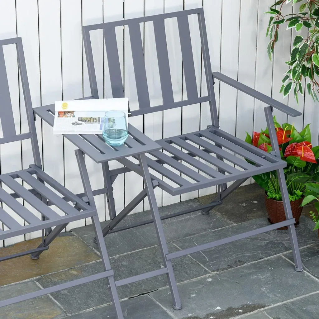 Doppel-Gartenstuhl mit Tisch klappbar grau