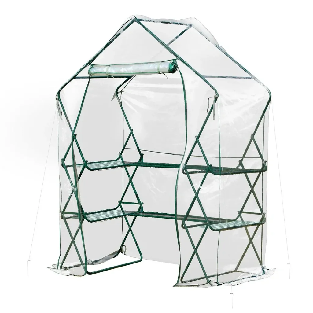 Gewächshaus Treibhaus mit Blumenregal Tomatenhaus Pflanzenhaus für Garten Stahl PVC Transparent+Grün 143 x 73 x 195 cm