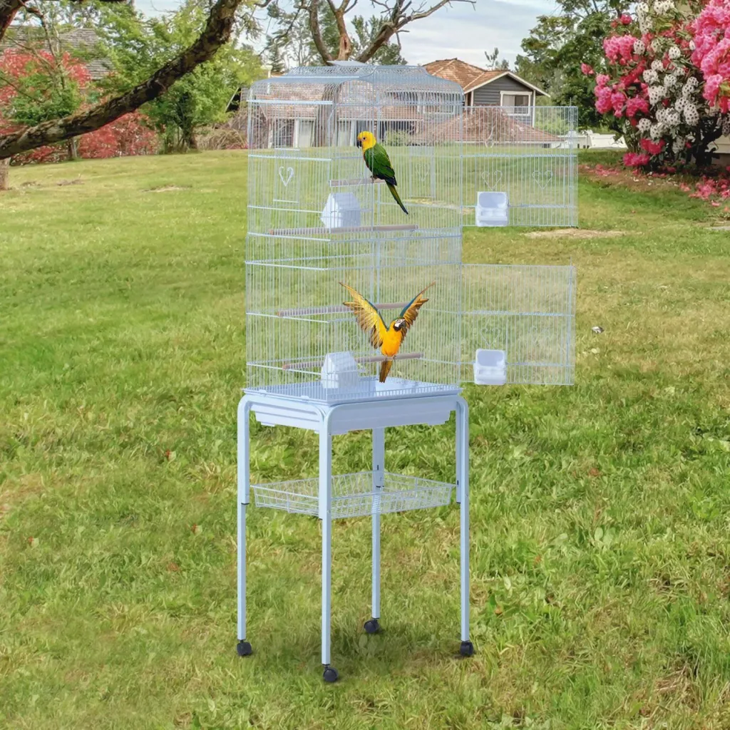 Vogelhaus Vogelkäfig Vogelvoliere für Papagei Wellensittich Vogelbauer mit rollbarem Ständer Weiß 47,5 x 37 x 153 cm