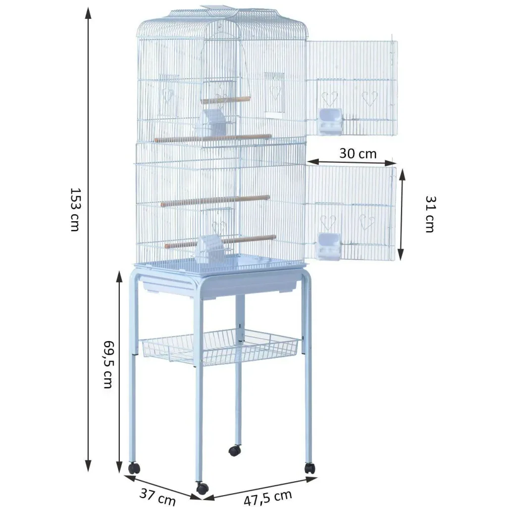 Vogelhaus Vogelkäfig Vogelvoliere für Papagei Wellensittich Vogelbauer mit rollbarem Ständer Weiß 47,5 x 37 x 153 cm