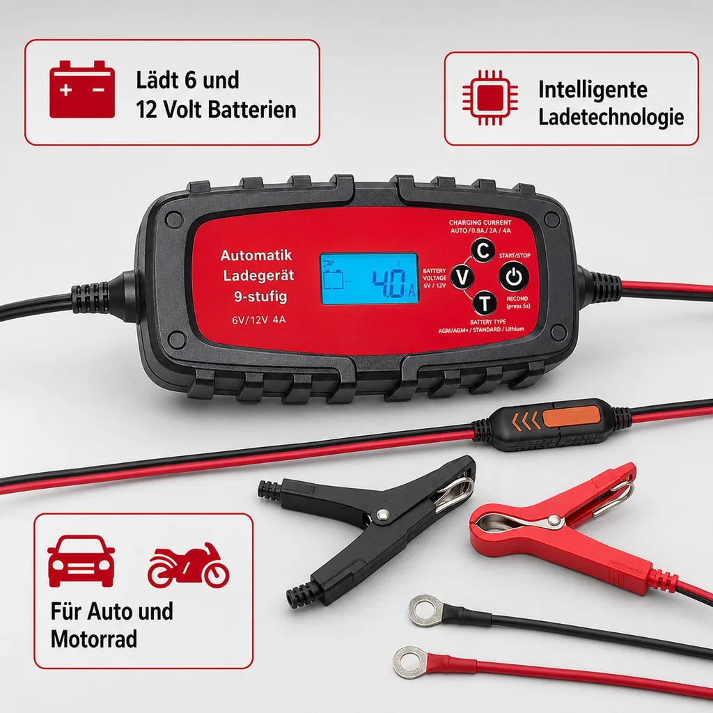 Batterieladegerät für Auto & Motorrad 4A, 6/12 Volt