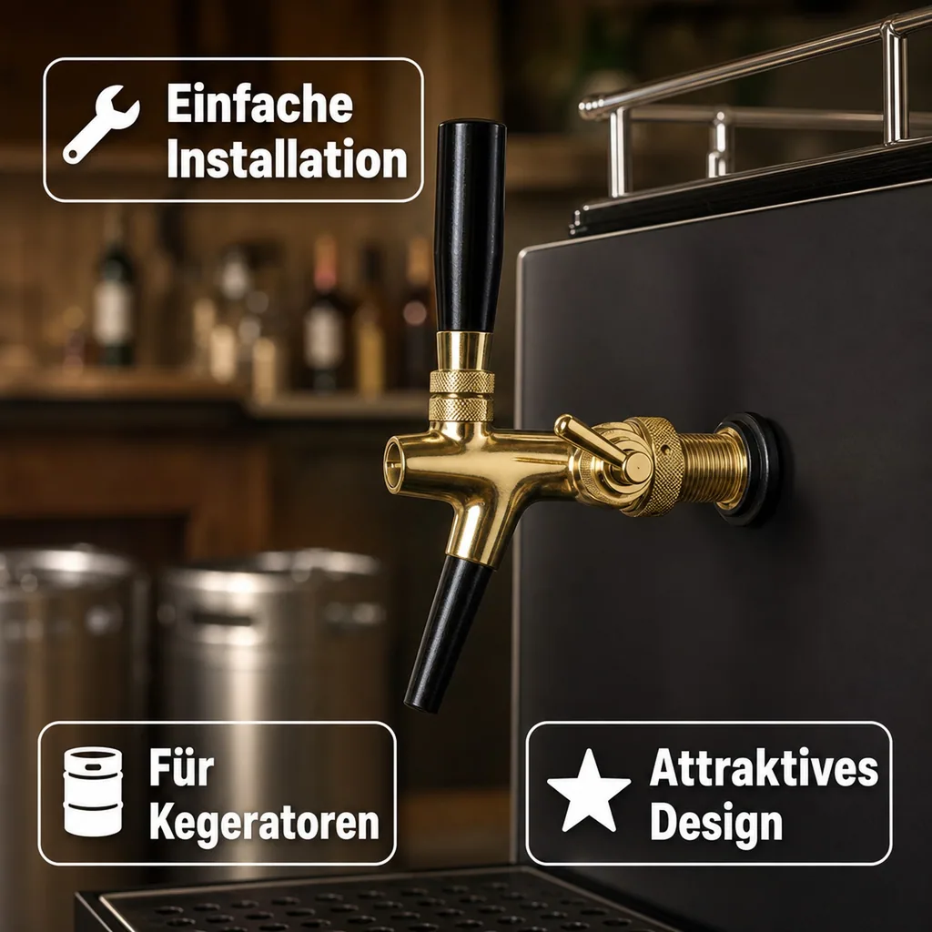 Zapfhahn, Kompensatorhahn, Bierzapfhahn, Schankhahn - vergoldet, 10 mm Ausführung, Gewindelänge: 35 mm