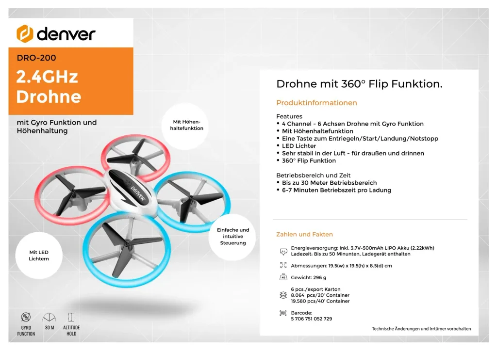 Drohne 17 cm, 4 Kanal mit Gyroskop und LED Licht
