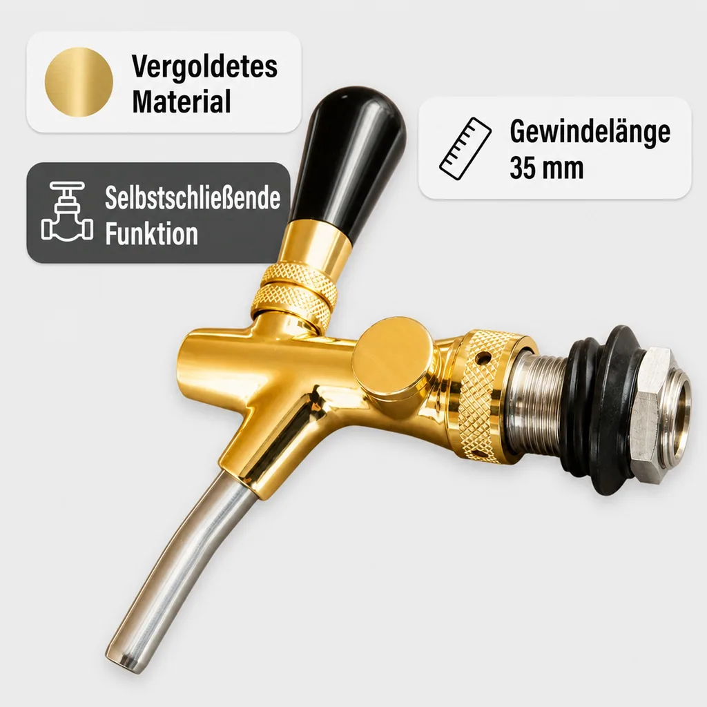Zapfhahn, Bierzapfhahn, Schankhahn, Kolbenschankhahn - vergoldet, Gewindelänge: 35 mm
