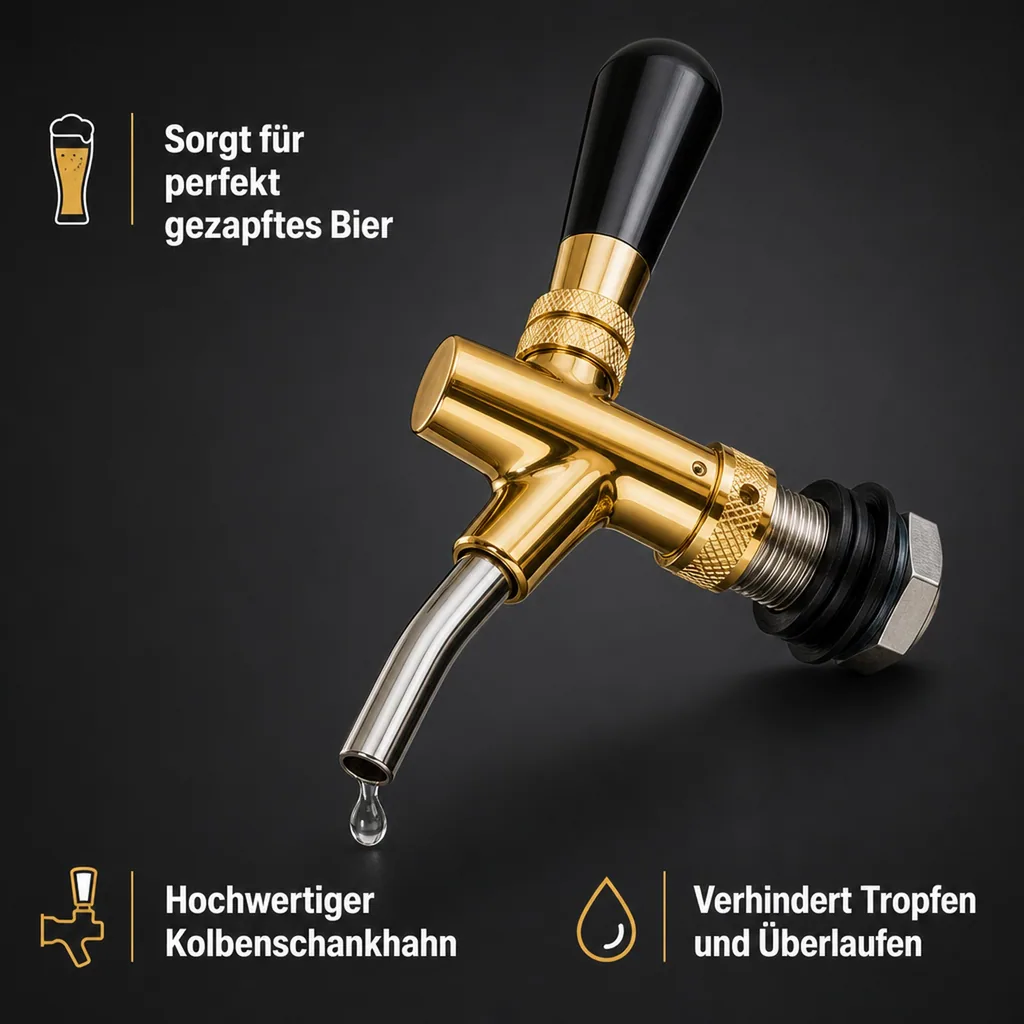 Zapfhahn, Bierzapfhahn, Schankhahn, Kolbenschankhahn - vergoldet, Gewindelänge: 35 mm