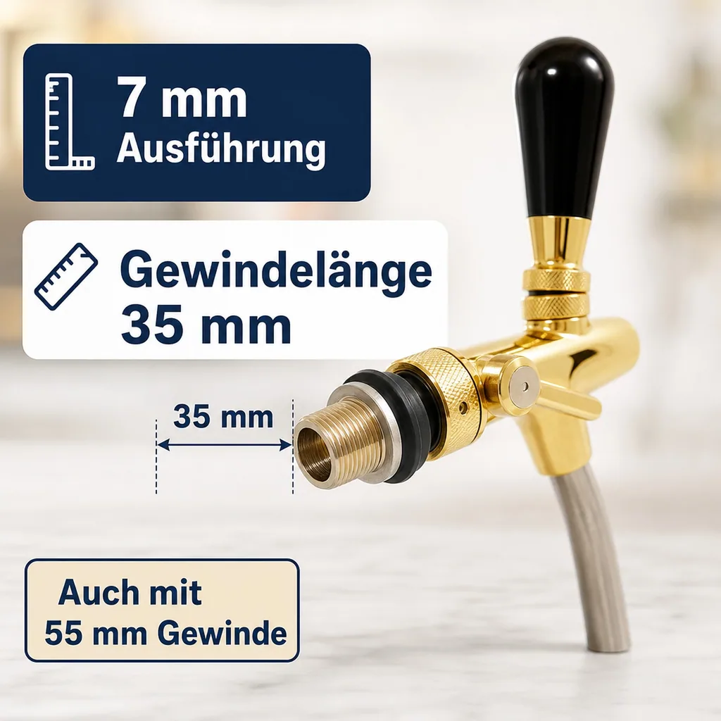 Zapfhahn, Kompensatorhahn, Bierzapfhahn, Schankhahn - selbstschließend, gold, Gewindelänge: 35 mm