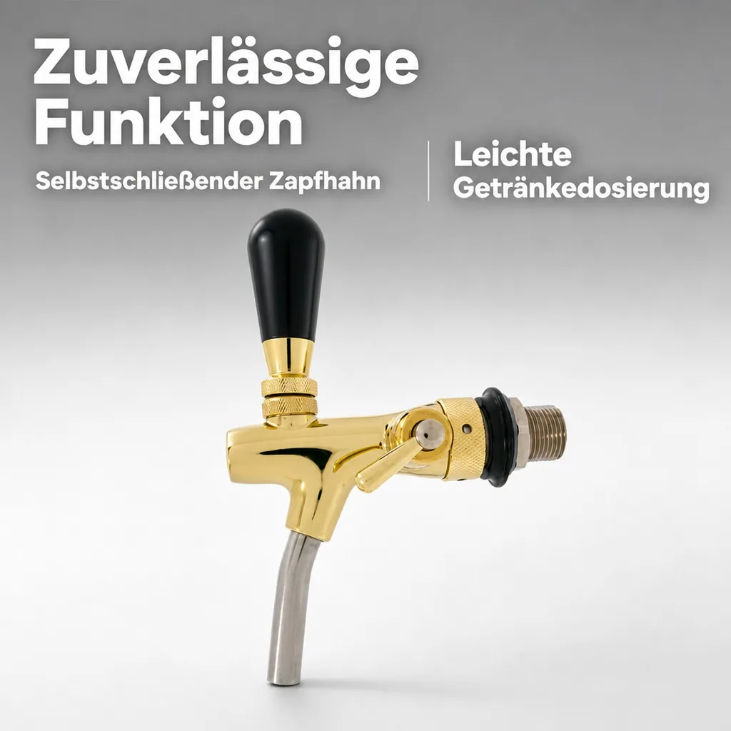 Zapfhahn, Kompensatorhahn, Bierzapfhahn, Schankhahn - selbstschließend, gold, Gewindelänge: 35 mm
