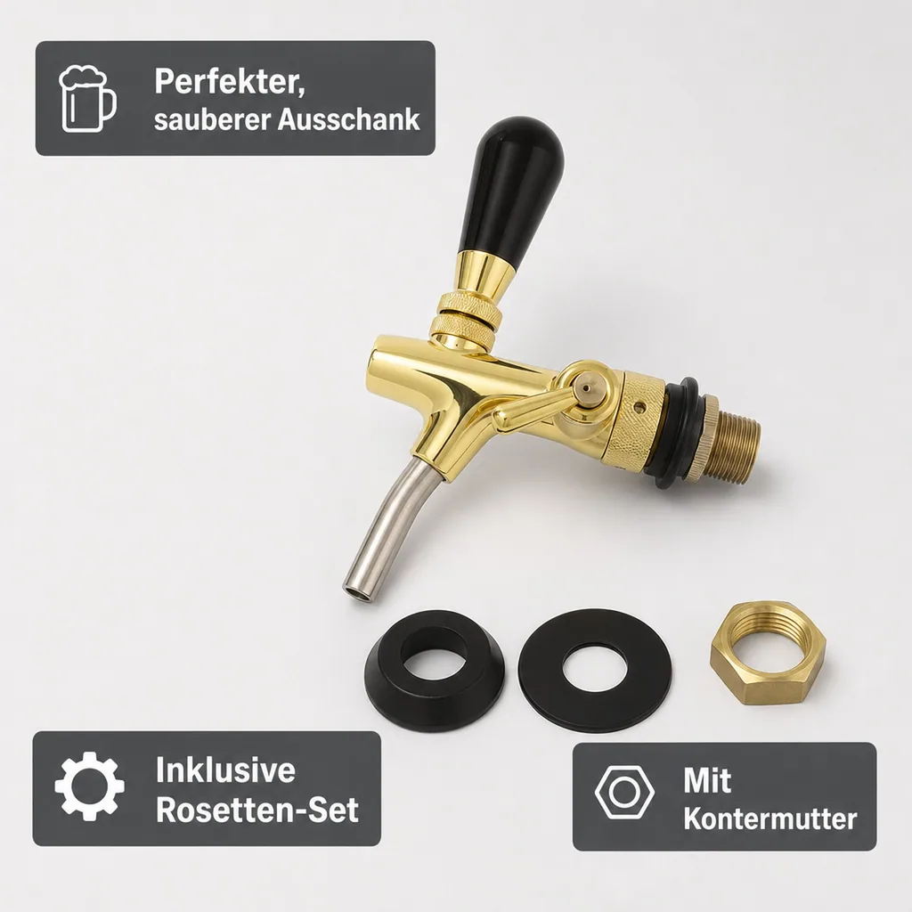 Zapfhahn, Kompensatorhahn, Bierzapfhahn, Schankhahn - selbstschließend, gold, Gewindelänge: 35 mm
