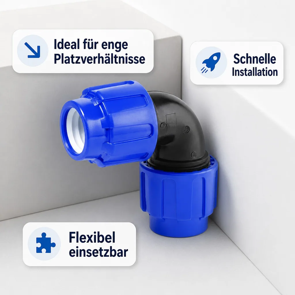 PE Rohr Verschraubung 90° Winkel 20mm, 2 Verschraubungen, 20x20, Klemmfitting, Trinkwasser