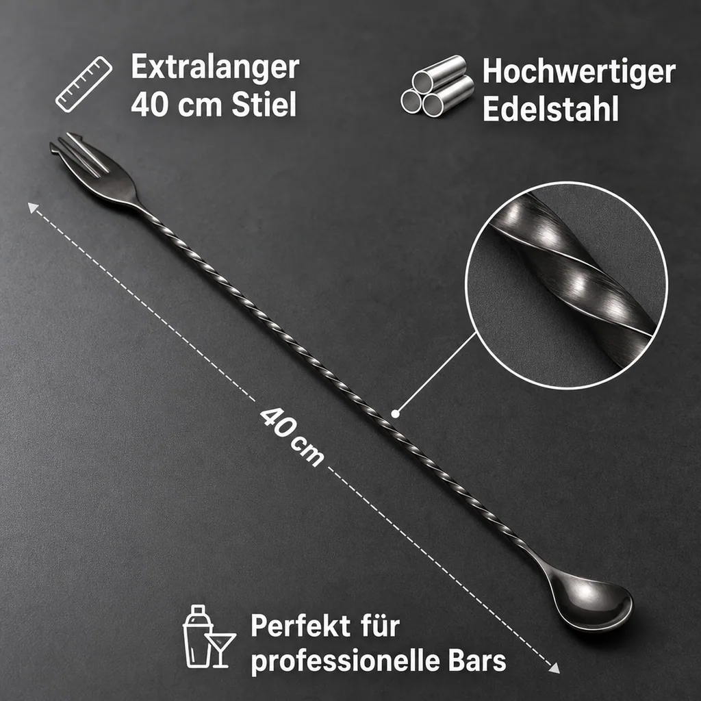 Barlöffel mit Gabel - POSEIDON, 40cm, Edelstahl, GMB, Gunmetal black
