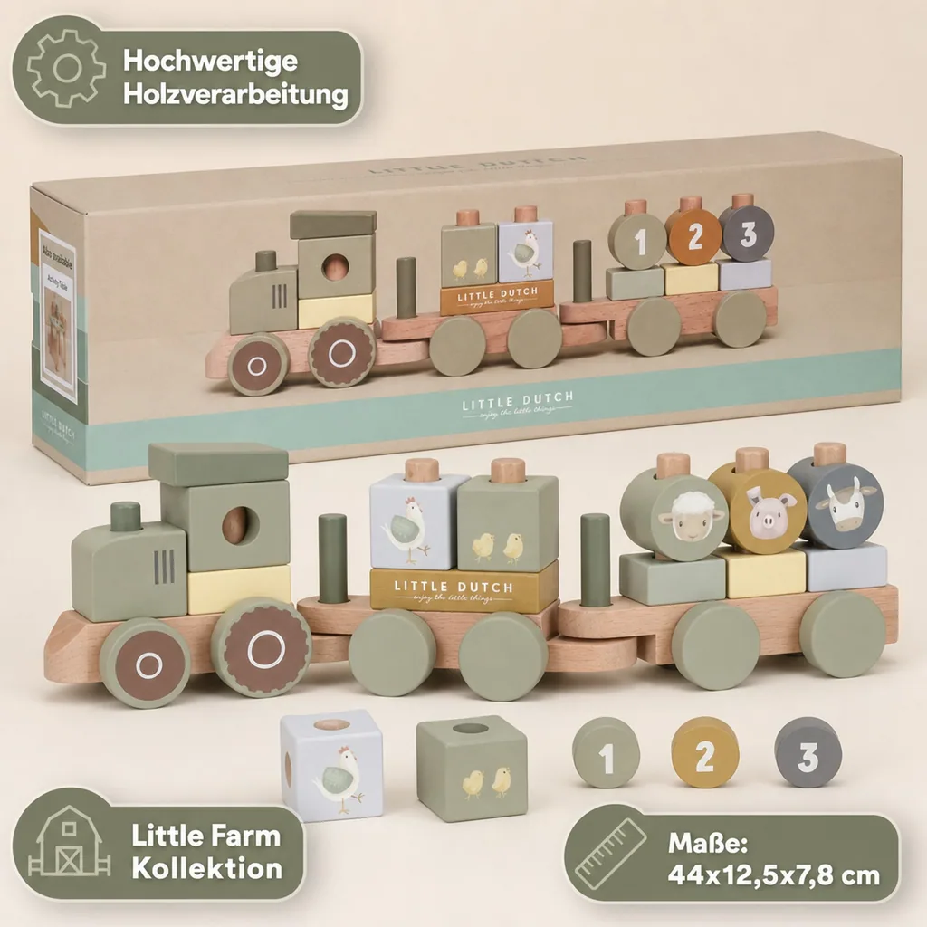 Little Dutch Holzeisenbahn, Spielzeugeisenbahn mit Steck-Formen Traktor Little Farm, 44x12,5x7,8