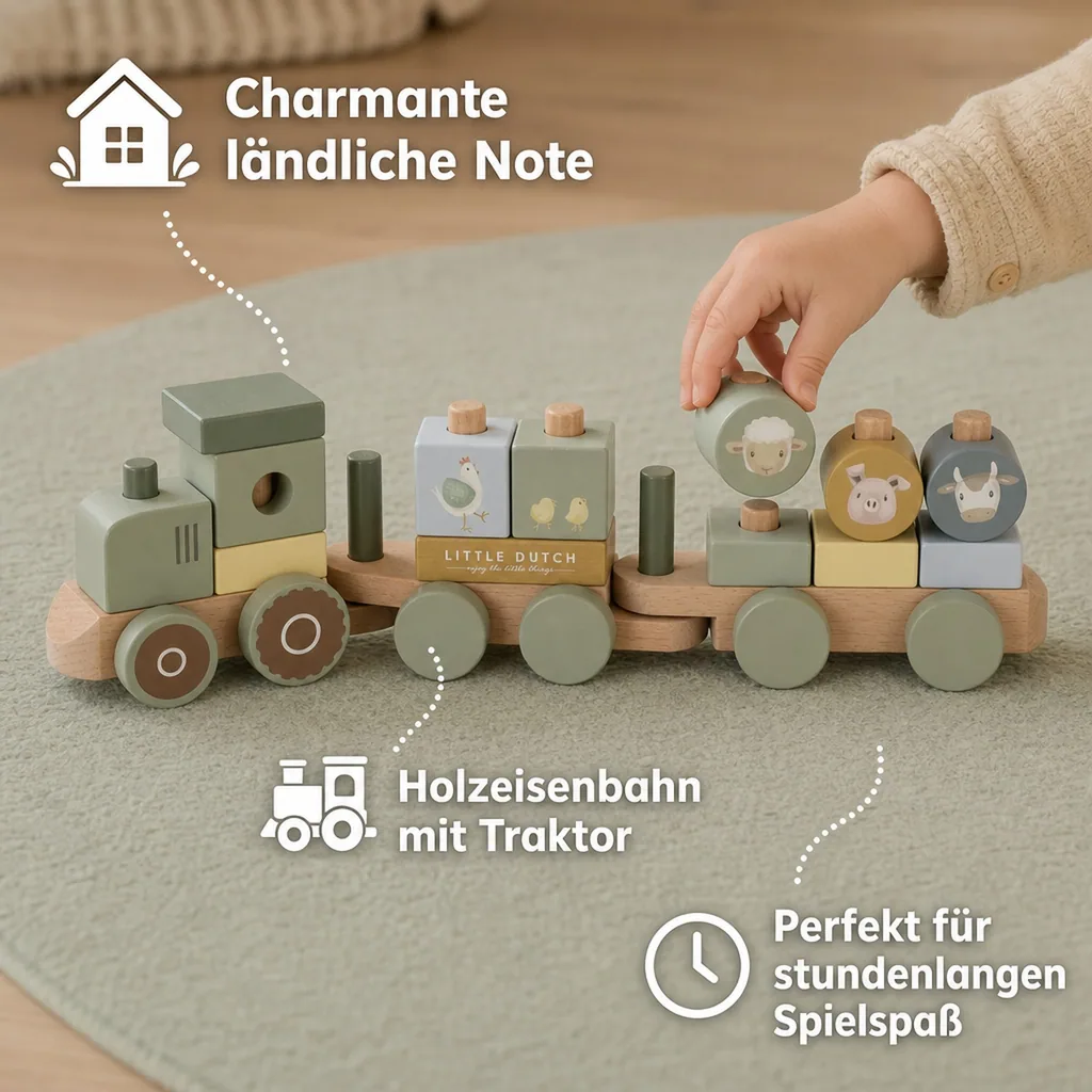Little Dutch Holzeisenbahn, Spielzeugeisenbahn mit Steck-Formen Traktor Little Farm, 44x12,5x7,8