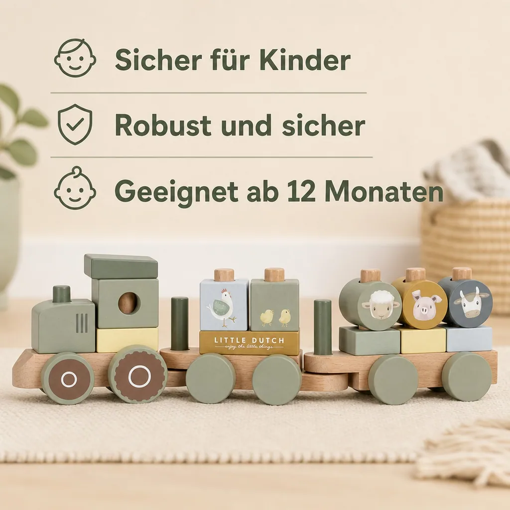 Little Dutch Holzeisenbahn, Spielzeugeisenbahn mit Steck-Formen Traktor Little Farm, 44x12,5x7,8