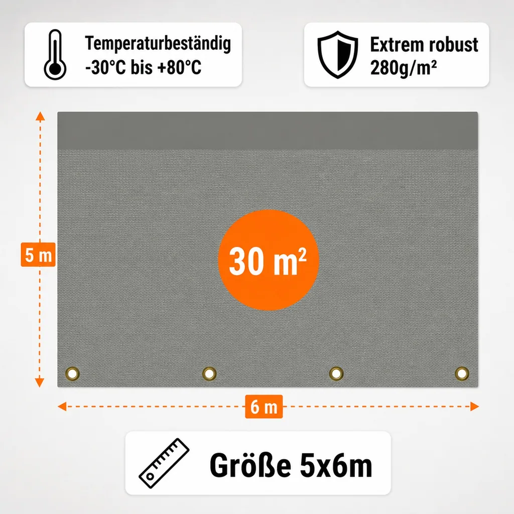 Abdeckplane 280g/m², grau, wasserdicht, reißfest, UV-stabilisiert, mit Ösen, 5x6m (30m²)