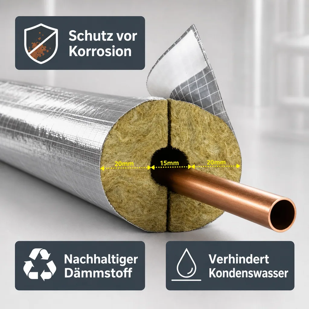 Rohrisolierung, Heizungsrohrisolierung, Steinwolle, 15mm, Alu, 1m