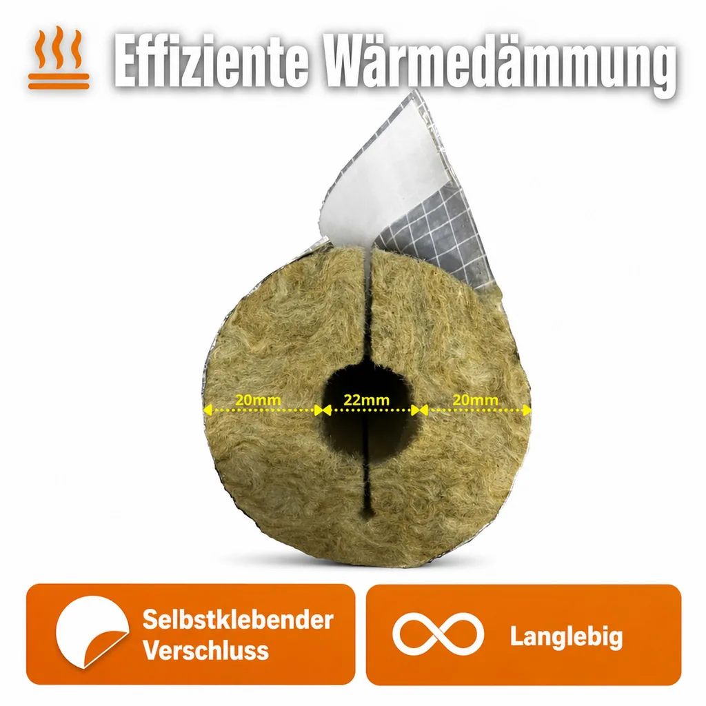 Rohrisolierung Steinwolle, Heizungsrohrisolierung ALU 1m, 22x20mm, GEG 100%