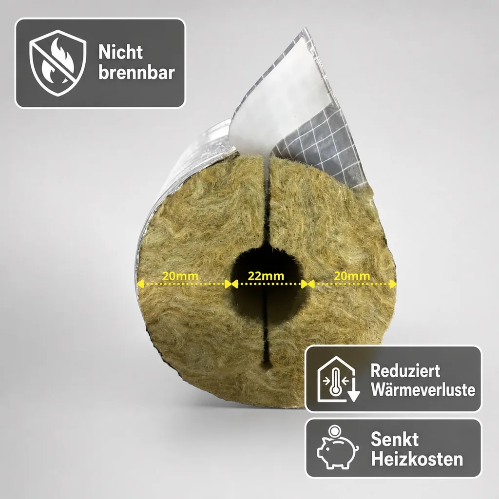 Rohrisolierung Steinwolle, Heizungsrohrisolierung ALU 1m, 22x20mm, GEG 100%