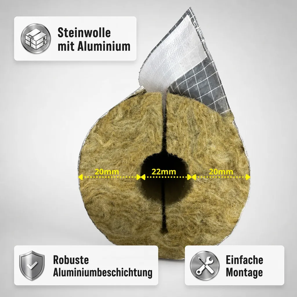 Rohrisolierung Steinwolle, Heizungsrohrisolierung ALU 1m, 22x20mm, GEG 100%