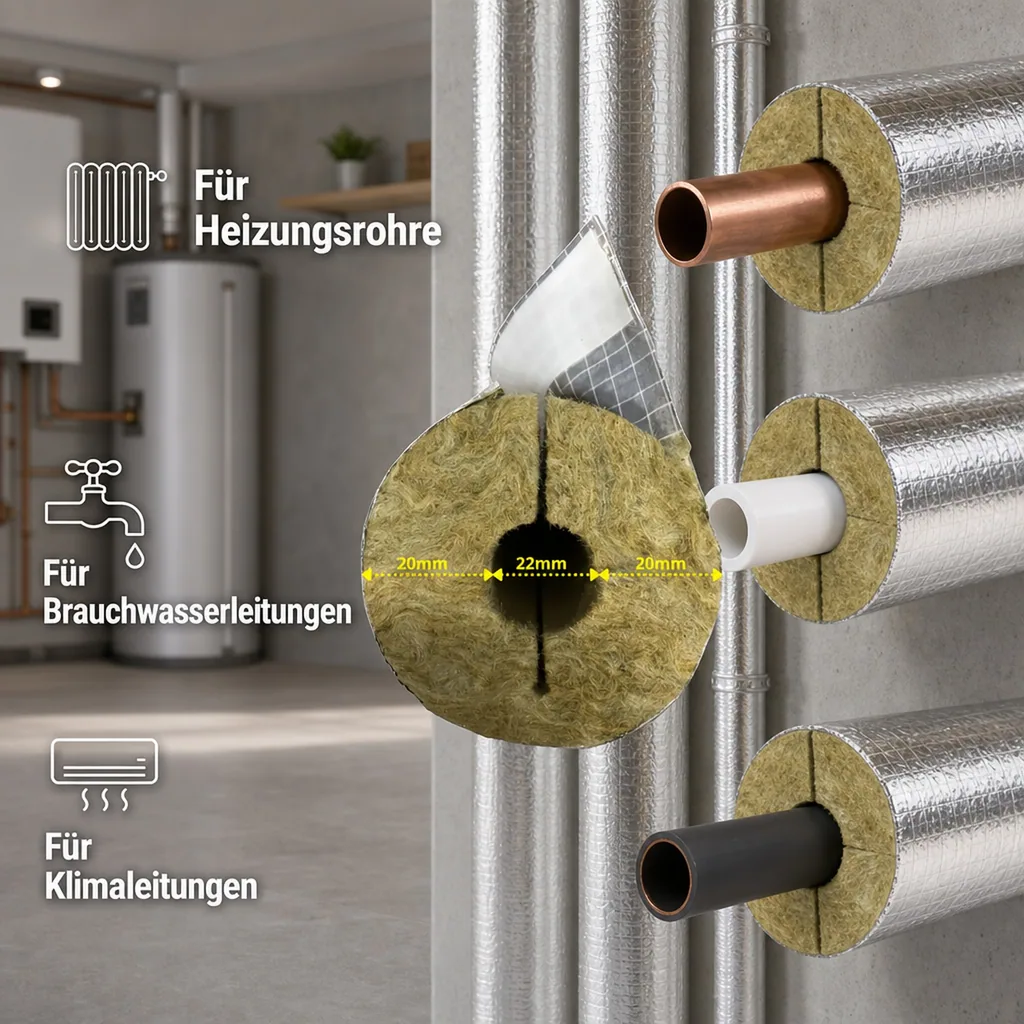 Rohrisolierung Steinwolle, Heizungsrohrisolierung ALU 1m, 22x20mm, GEG 100%
