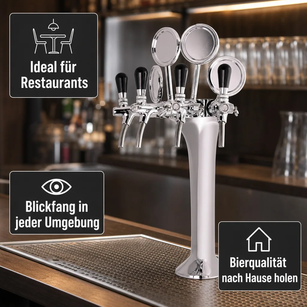 Schanksäule, Bierzapfsäule 4-leitig, Chrom - Elegante & Hochwertige für Bars & Restaurants, "Topp-Qualität!"