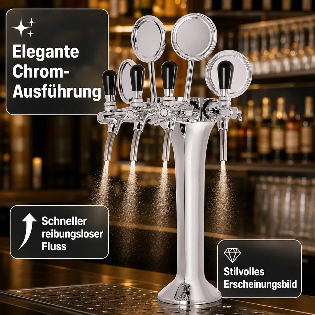 Schanksäule, Bierzapfsäule 4-leitig, Chrom - Elegante & Hochwertige für Bars & Restaurants, "Topp-Qualität!"
