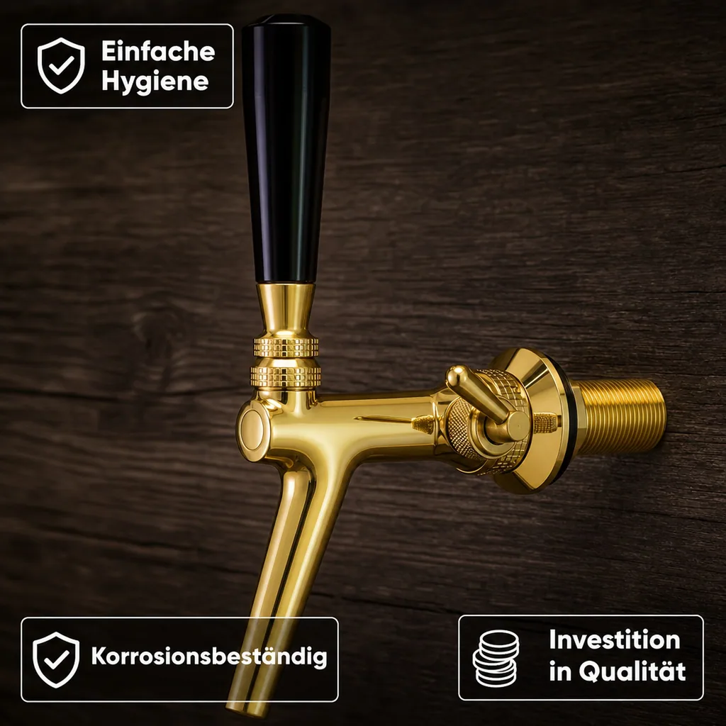 Zapfhahn, Kompensatorhahn, Bierzapfhahn, Schankhahn aus Chromnickelstahl mit Edelstahl Kompensator, Goldfarben