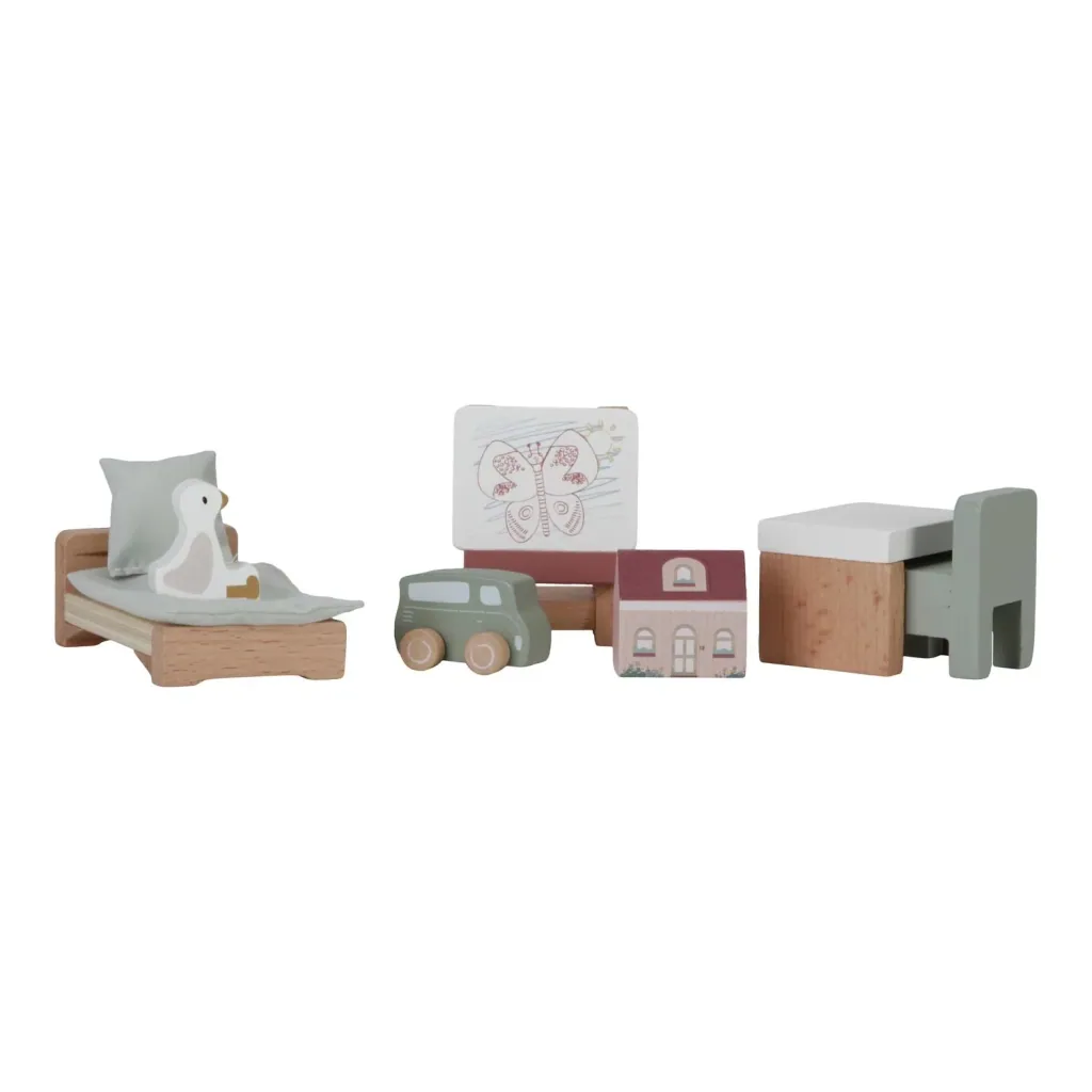 Little Dutch Puppenhaus Kinderzimmer: Möbel Set aus Holz mit Bett, Tisch & Spielzeug - Puppenstube erweitern