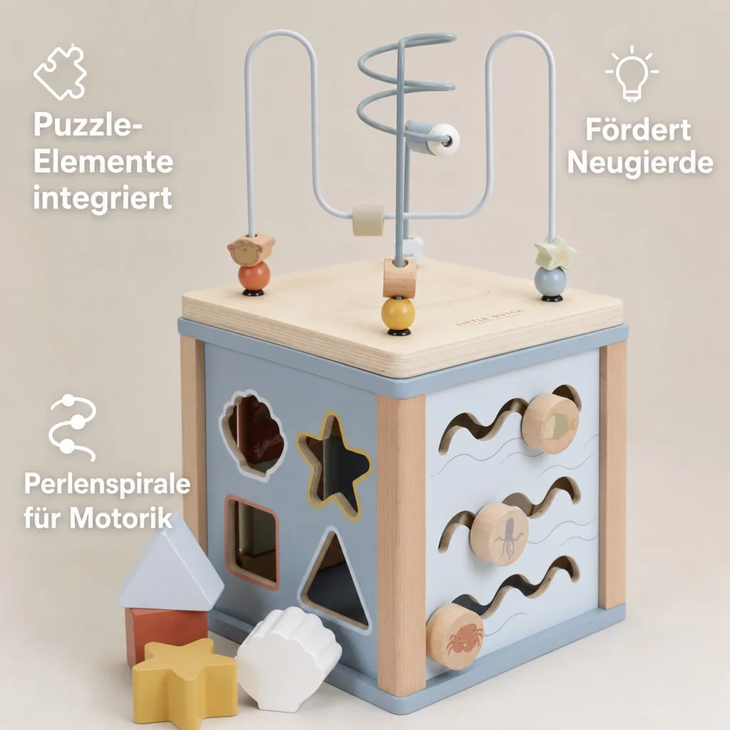 Little Dutch Aktivitätswürfel Ocean: Motorikwürfel aus Holz mit Formensortierer, Puzzle & Perlenspirale
