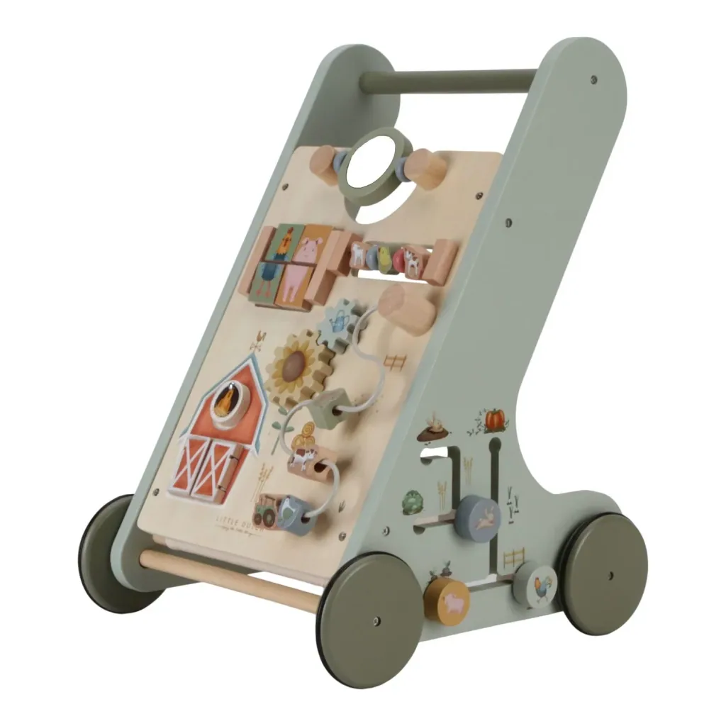 Little Dutch Lauflernwagen Little Farm: Aktivitätswagen aus Holz mit Motorikspielzeug - Laufen lernen & Spielen (ab 12 Monaten)