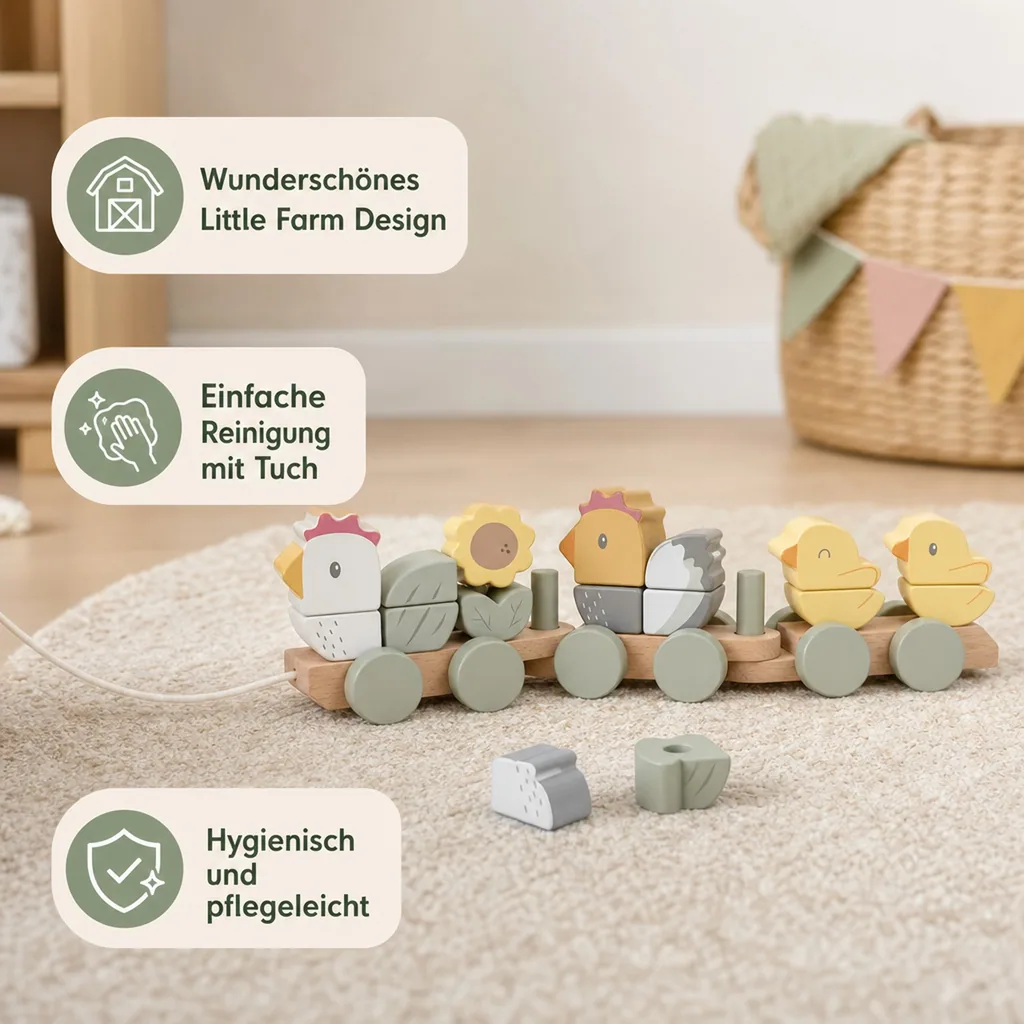 Little Dutch Holzzug Little Farm: Steckspiel holz mit Formen & Farben - Zug mit Hühnern & Küken (ab 18 Monaten)