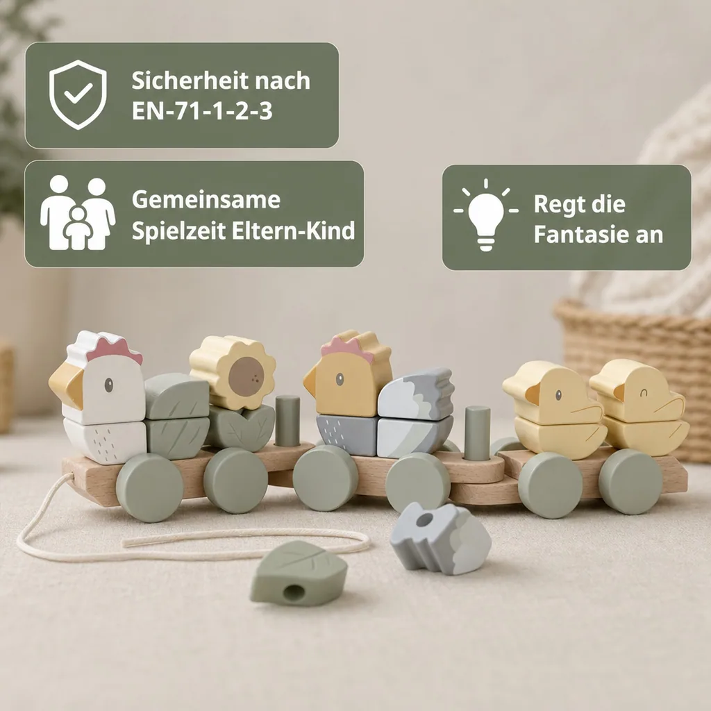 Little Dutch Holzzug Little Farm: Steckspiel holz mit Formen & Farben - Zug mit Hühnern & Küken (ab 18 Monaten)