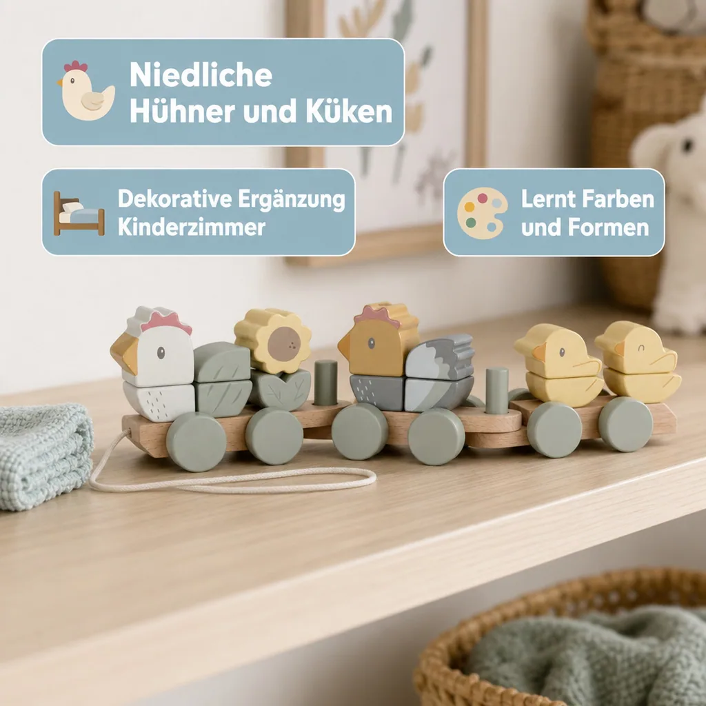 Little Dutch Holzzug Little Farm: Steckspiel holz mit Formen & Farben - Zug mit Hühnern & Küken (ab 18 Monaten)