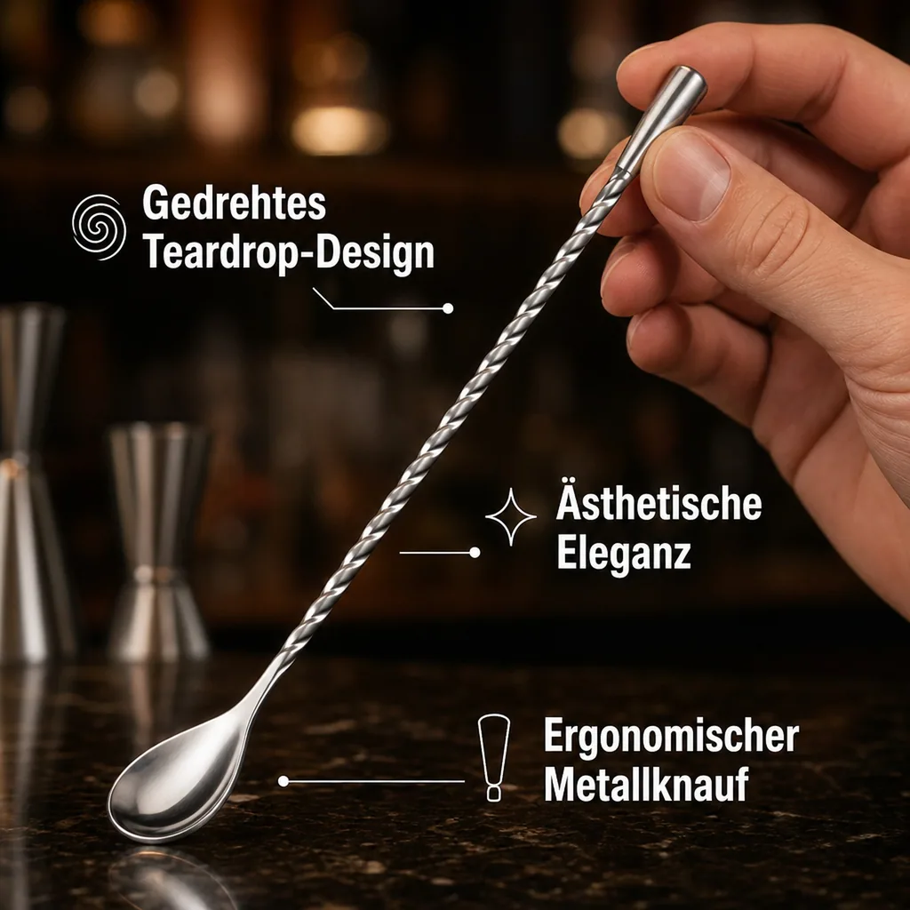Barlöffel Gedreht Teardrop mit Metallknauf (31 cm) - Edelstahl | Für Cocktails & Longdrinks