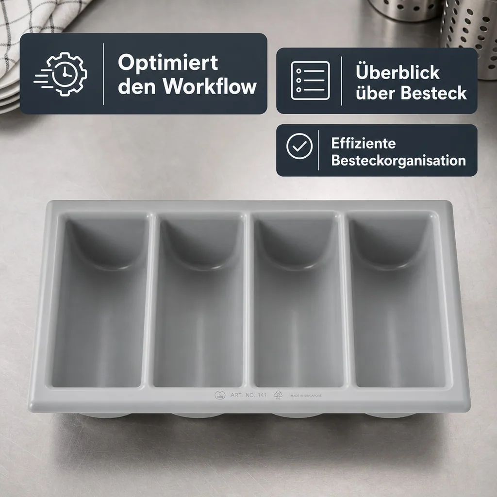 Besteckkasten, Besteckeinsatz, Besteckbox - (53 x 32,5 x 10cm): 4 Fächer, stapelbar & robust - ideal für Restaurants & Bars