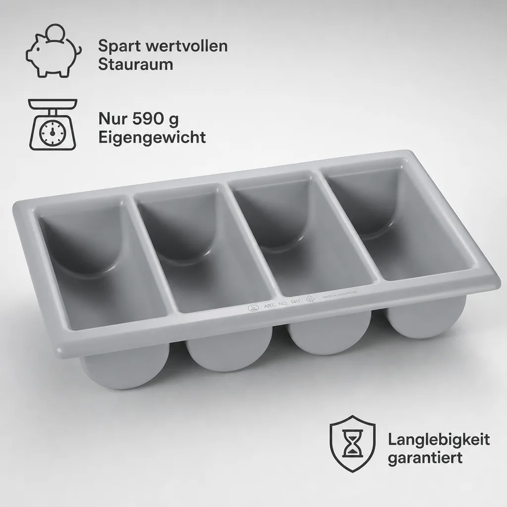 Besteckkasten, Besteckeinsatz, Besteckbox - (53 x 32,5 x 10cm): 4 Fächer, stapelbar & robust - ideal für Restaurants & Bars