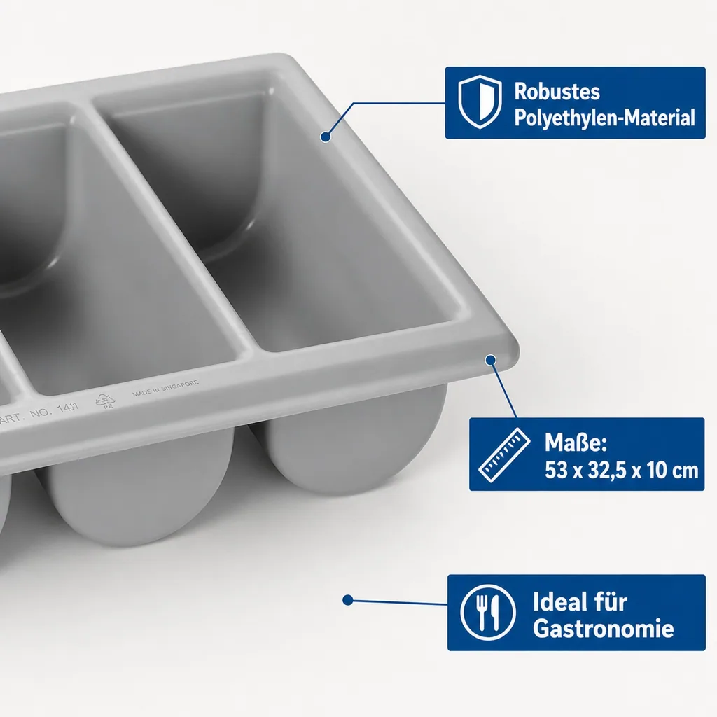 Besteckkasten, Besteckeinsatz, Besteckbox - (53 x 32,5 x 10cm): 4 Fächer, stapelbar & robust - ideal für Restaurants & Bars