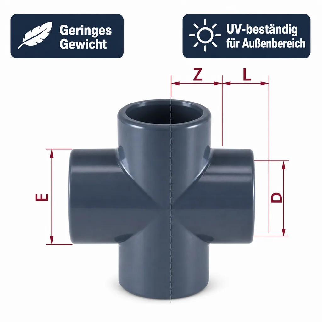 PVC Fittinge, PVC Kreuz Muffe 50mm PN16, Rohrverbinder