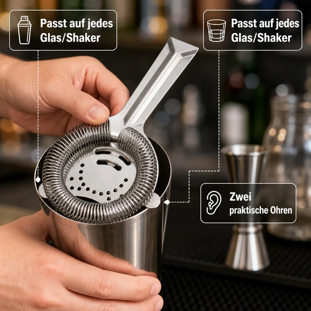 Barsieb & Cocktailsieb - Hawthorne Strainer PROFI, mit 2 Ohren - Für perfekte Cocktails & Drinks
