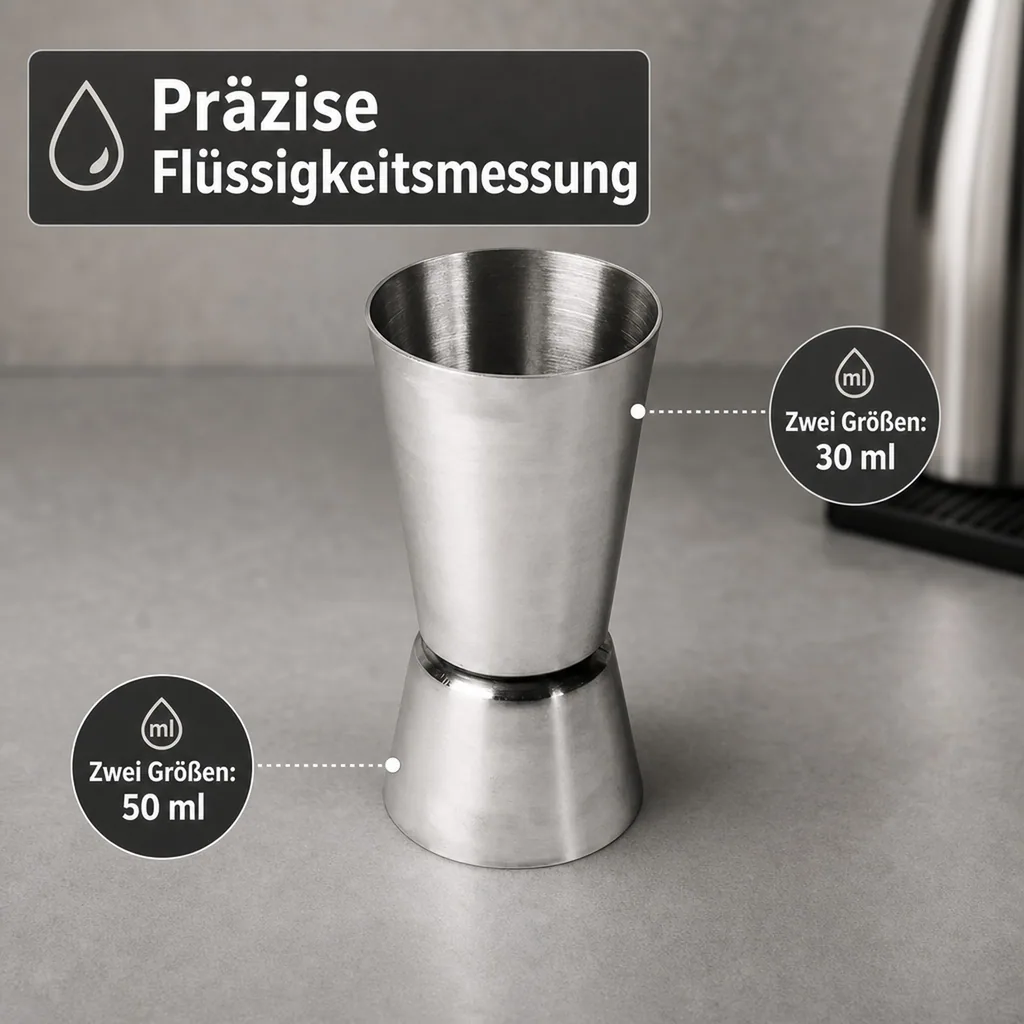 Jigger, Cocktail Messbecher - Edelstahl: Präzise Dosierung für Cocktails & Getränke (30ml & 50ml)