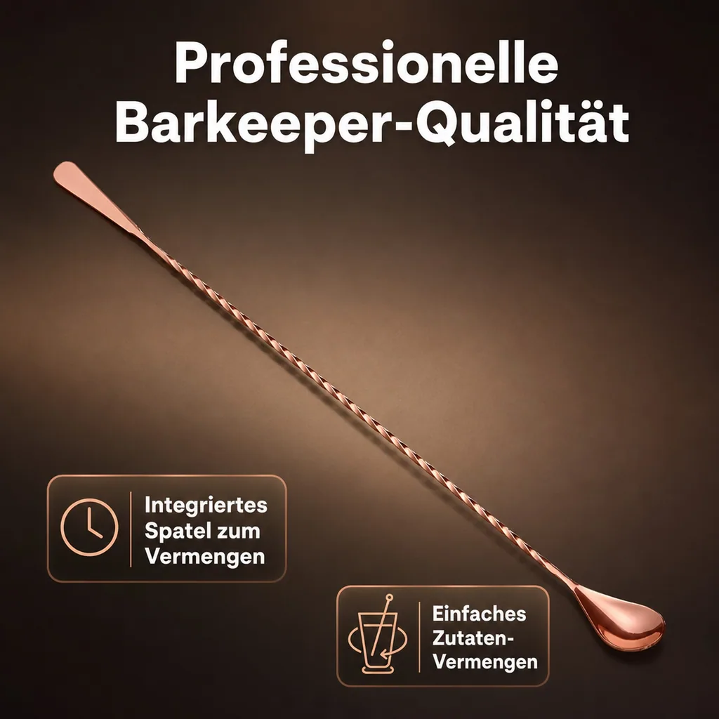 Barlöffel SPATULA mit Spatel Teardrop (45 cm) - Kupferfarbe | Für Cocktails & Longdrinks