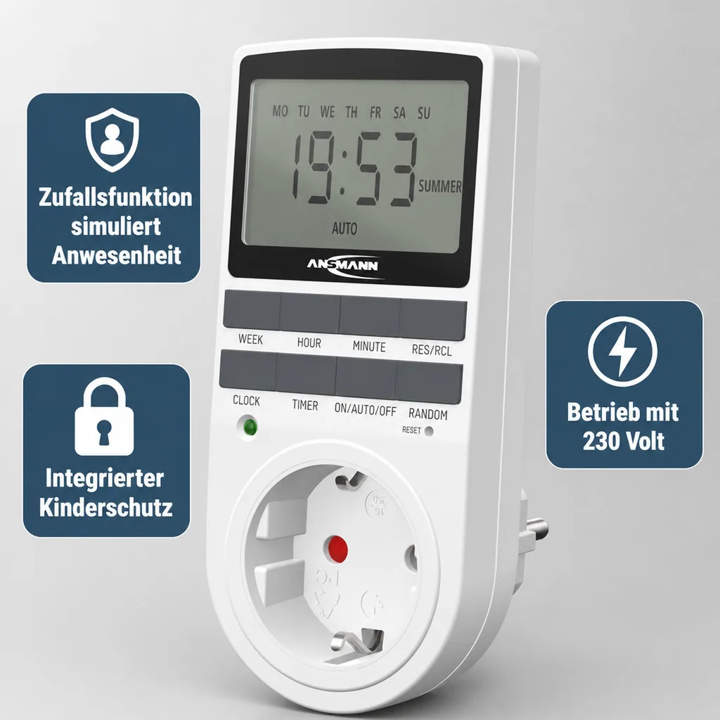 Digitale Wochen - Zeitschaltuhr mit 10 EIN- / AUS-Schaltmöglichkeiten pro Tag