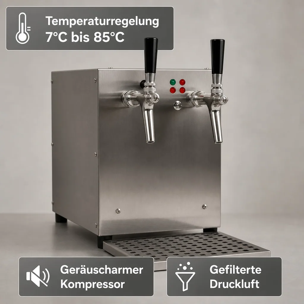 Glühweinzapfanlage, Getränke-Durchlauferhitzer, 3kW, 2-leitig, mit integriertem Luftkompressor, Edelstahl-Gehäuse