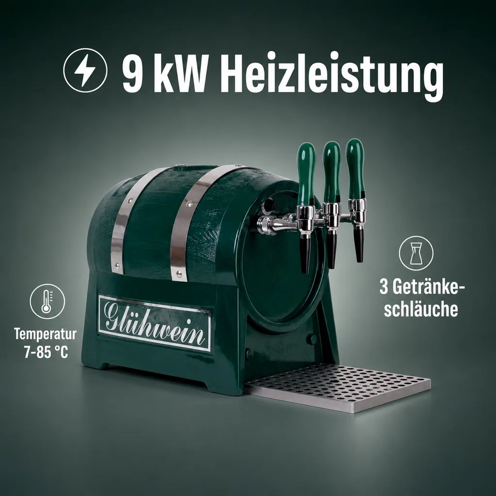 Glühweinzapfanlage, Getränke-Durchlauferhitzer 9kW, Fassform, mit elektrischer Pumpe, 3-leitig