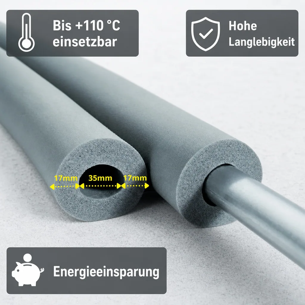 Rohrisolierung Kautschuk, 35 mm, 15 mm, 2 m, Heizungsrohrisolierung, GEG