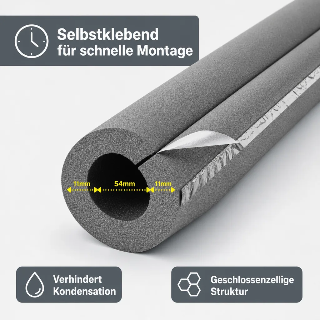 Rohrisolierung selbstklebend, Kautschuk, 54mm, 2m, 10mm Dämmung