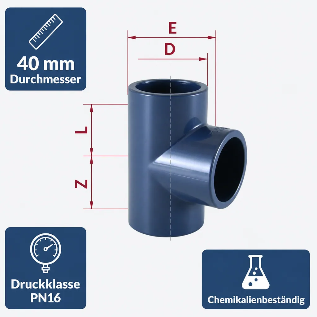 PVC Fittinge, PVC T-Stück 40mm, PVC-U Muffe PN16